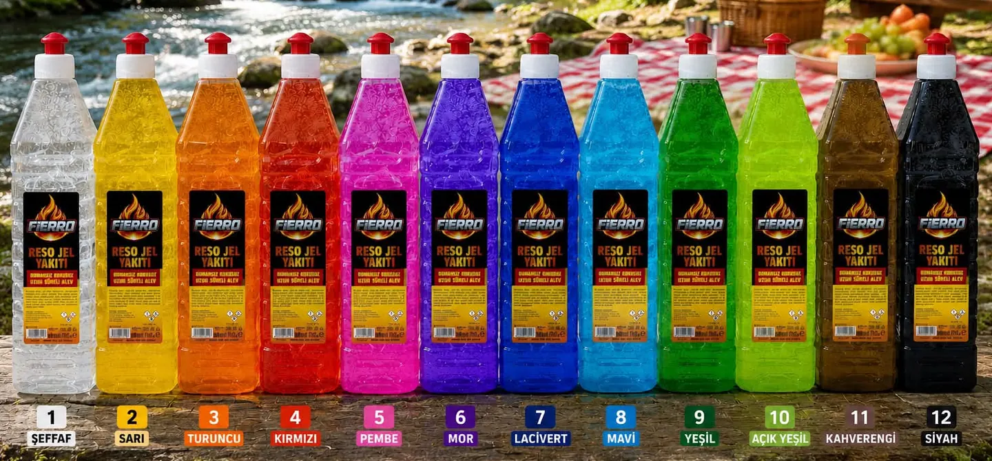 FIERRO Reşo Jel Yakıtı 12 renk: şeffaf, sarı, turuncu, kırmızı, pembe, mor, lacivert, mavi, yeşil, açık yeşil, kahverengi, siyah